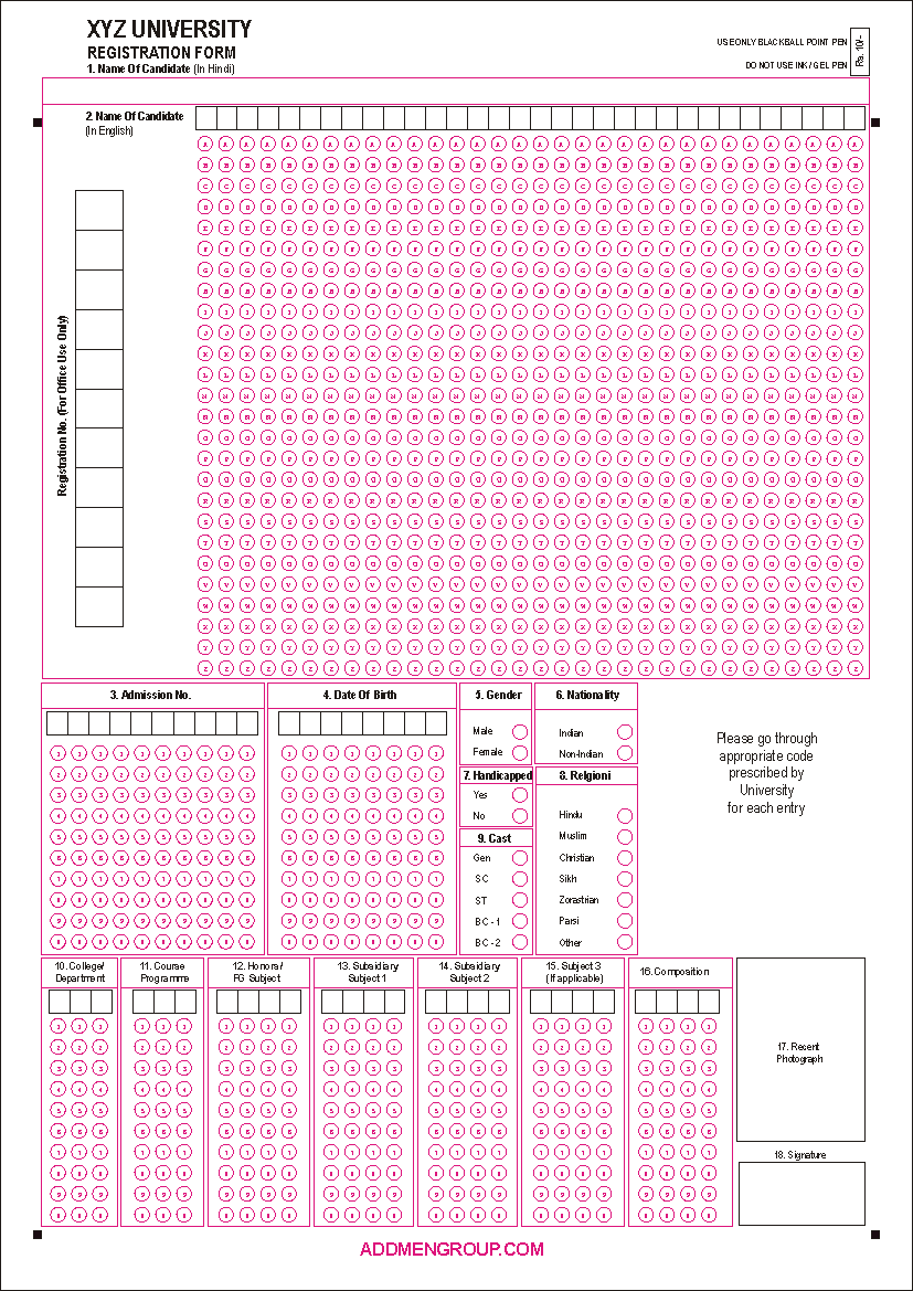 OMR Admission Form Design University Front